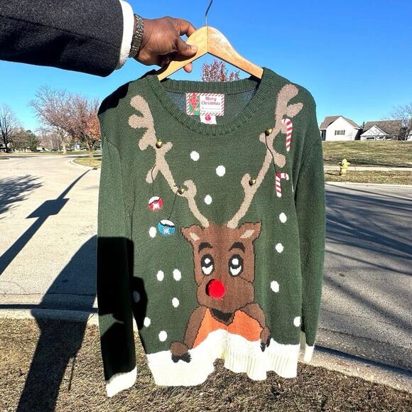 Merry Christmas Rudolph The Red Nose Reindeer Ugly Christmas Bells Sweater Large - Picture 10 of 10